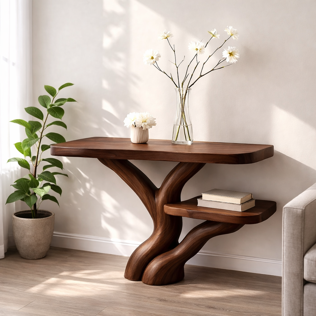 Handcrafted Tree Console Table – Solid Wood Entryway Table with Natural Root Design and Floating Shelf