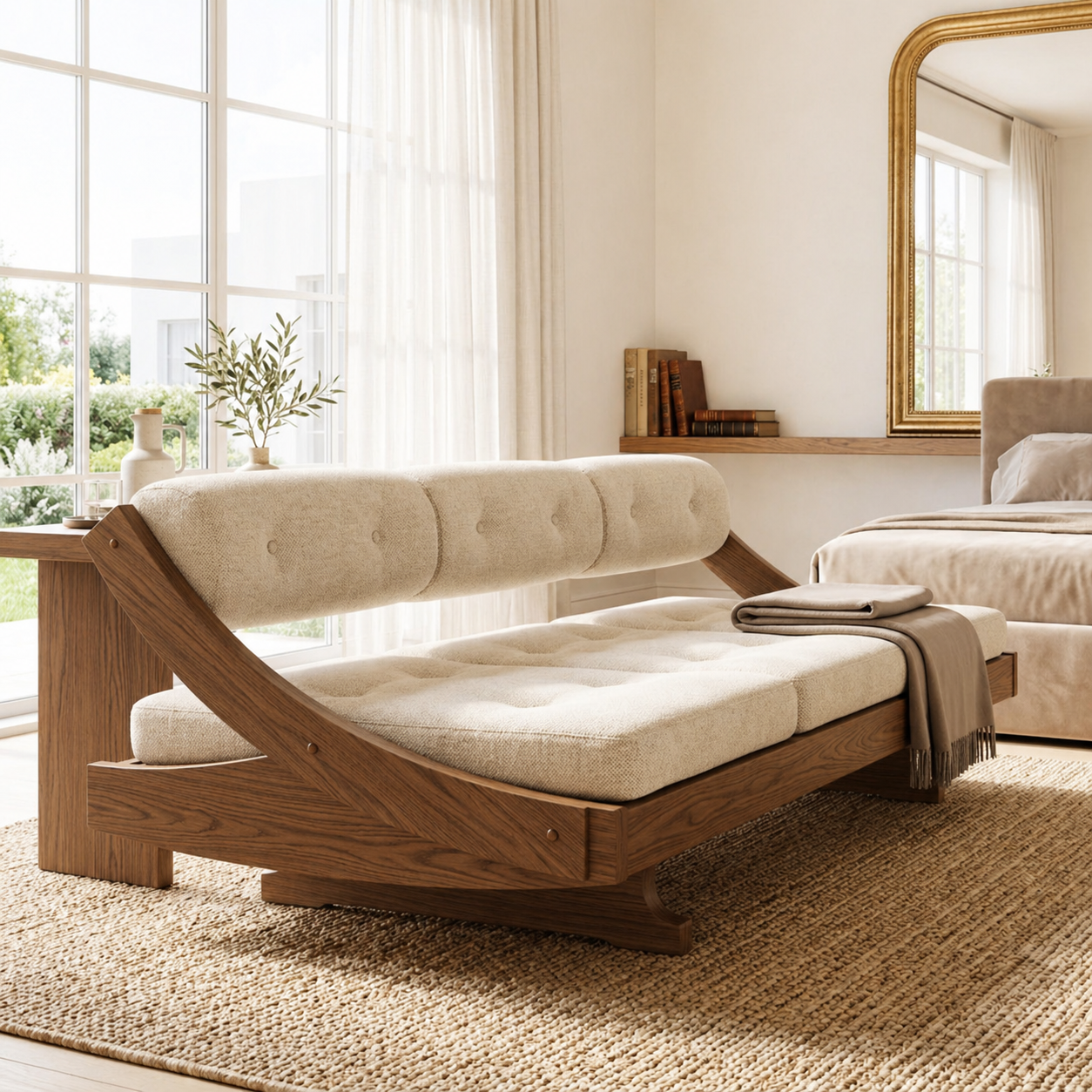 Curved Upholstered Daybed With Tufted Cushion, Rounded Backrest, Bedroom Lounge Bench