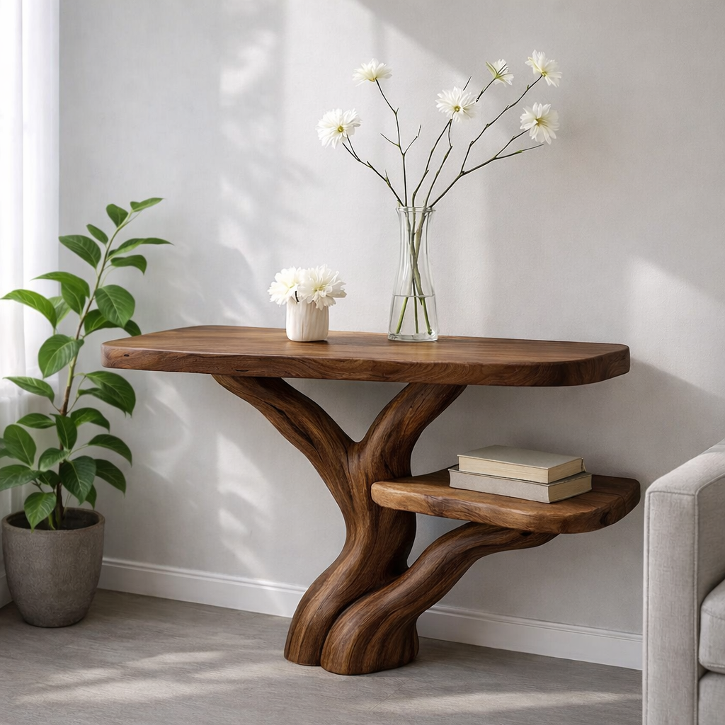 Handcrafted Tree Console Table – Solid Wood Entryway Table with Natural Root Design and Floating Shelf