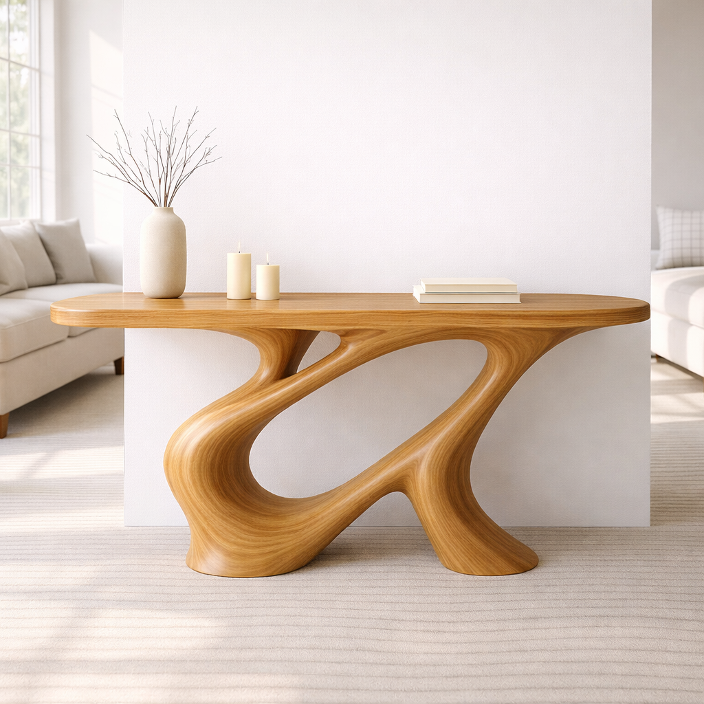 Modern Solid Wood Console Table, Sculptural Organic Base Walnut Entryway Hallway Statement Furniture