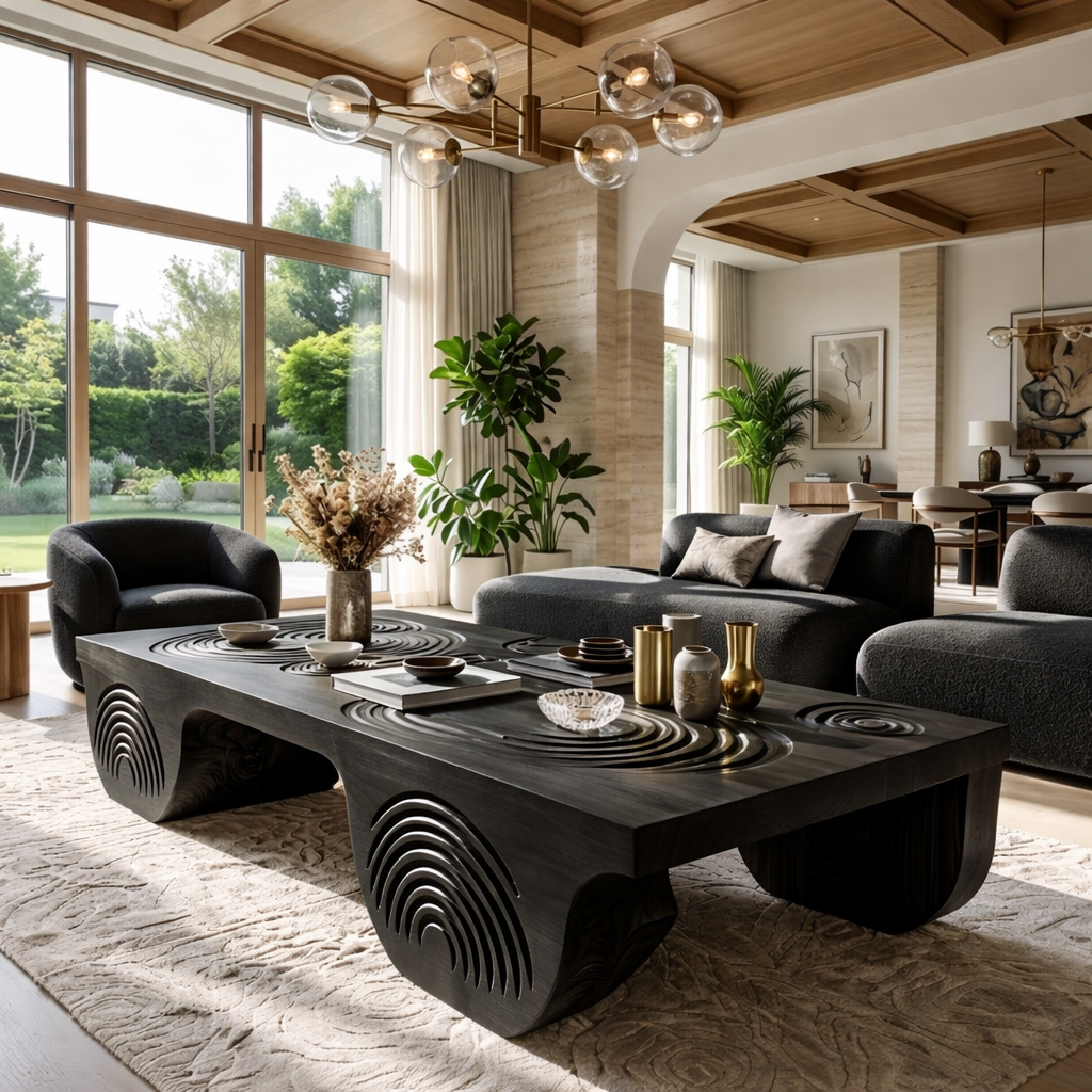 Artistic Wooden Coffee Table with Unique Carved Design