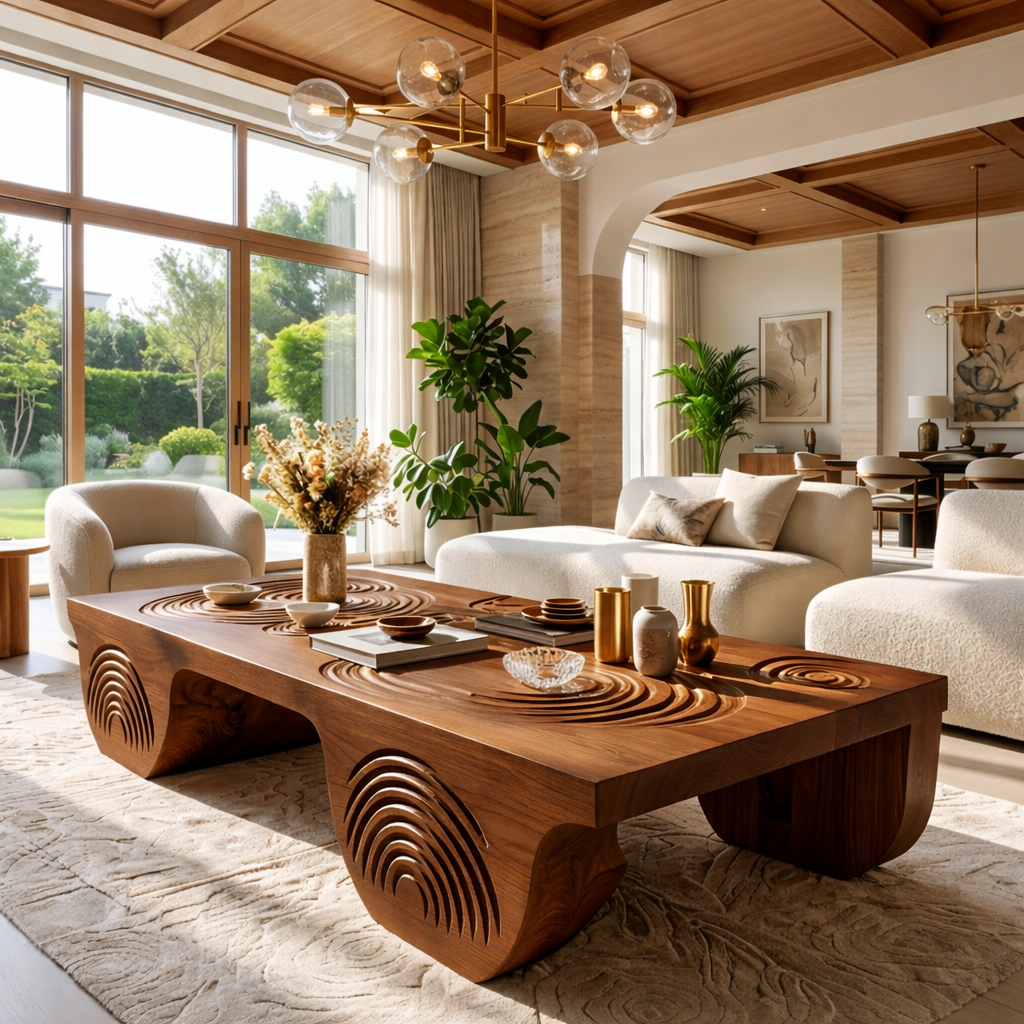 Artistic Wooden Coffee Table with Unique Carved Design