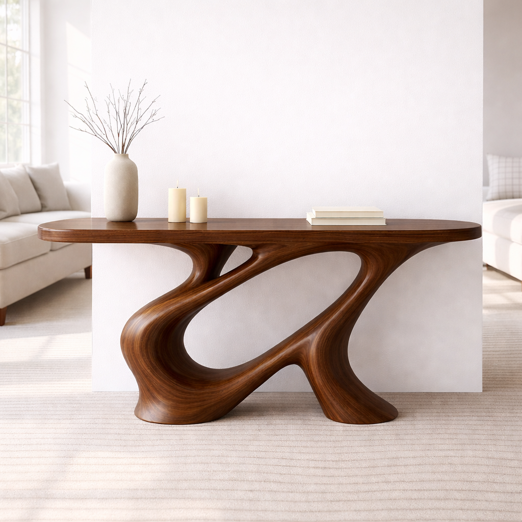 Modern Solid Wood Console Table, Sculptural Organic Base Walnut Entryway Hallway Statement Furniture