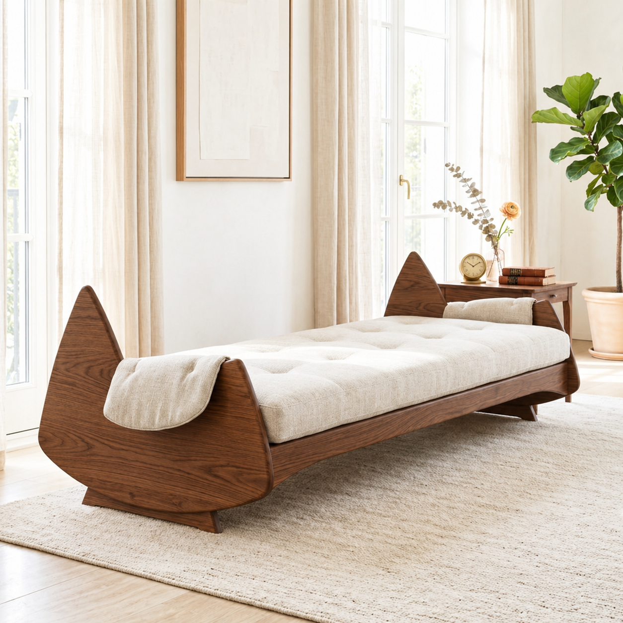 Sculptural Upholstered Daybed With Arched Ends, Cream Cushion, Bedroom Lounge Bench