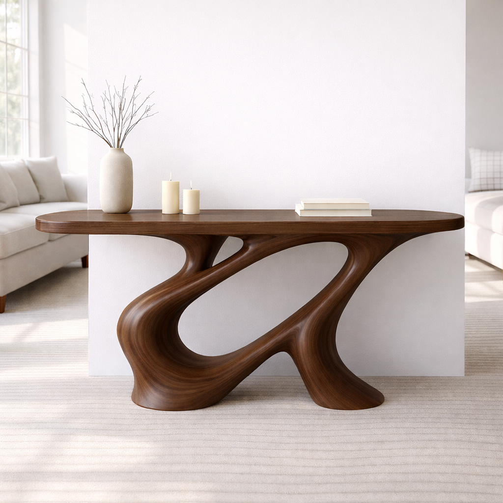 Modern Solid Wood Console Table, Sculptural Organic Base Walnut Entryway Hallway Statement Furniture
