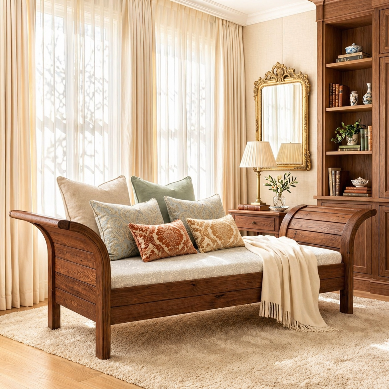 Classic Wooden Daybed Sofa with Pillows for Bedroom Lounge Decor