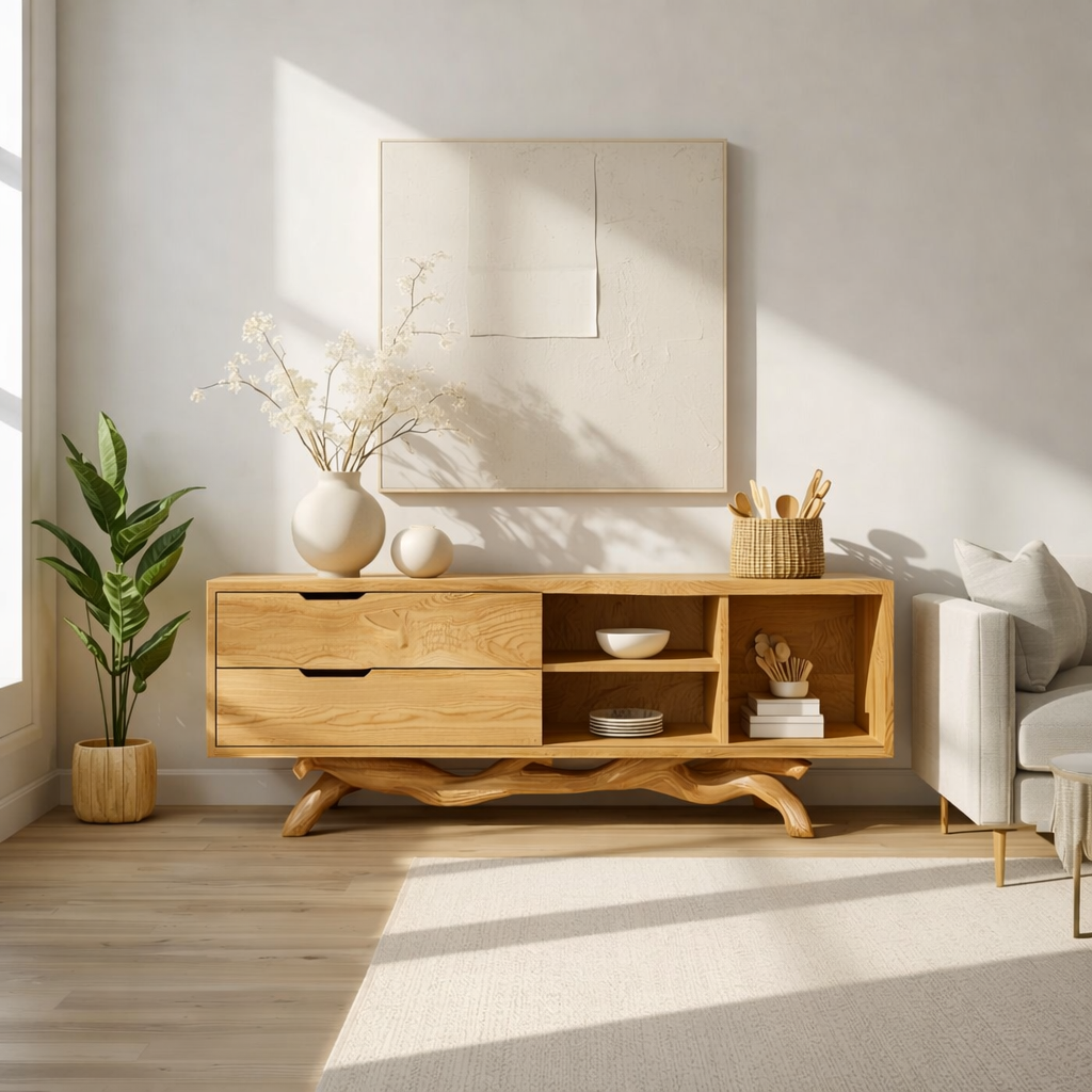 Modern Solid Wood Sideboard with Sculptural Base, Mid Century Storage Cabinet