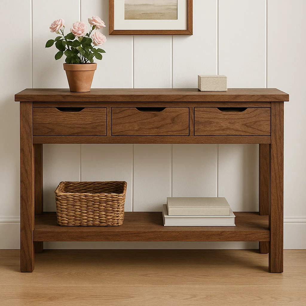 Rustic Wooden Console Table with Storage Drawers and Bottom Shelf for Entryway