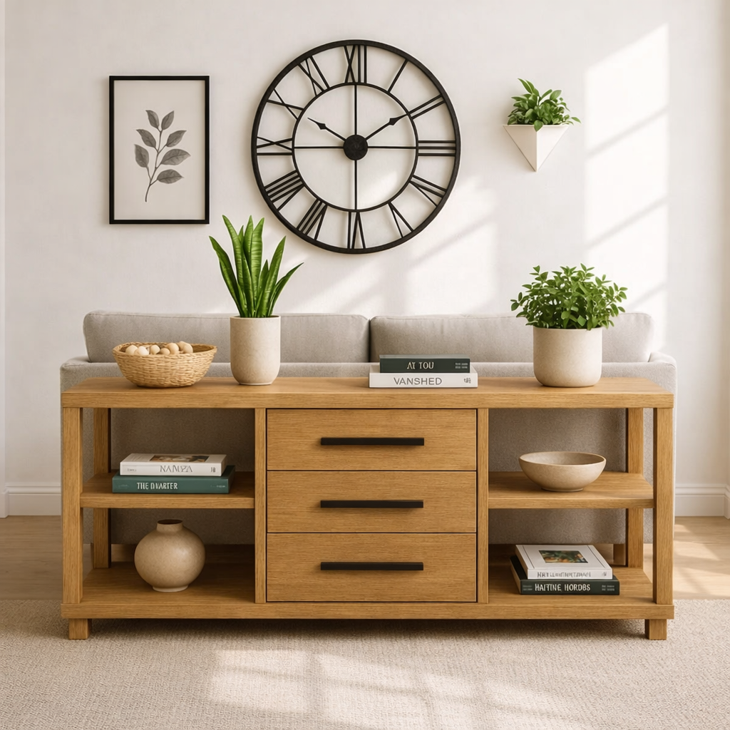 Solid Wood Console Table with Drawers and Shelves, Modern Walnut Entryway Sofa Table Storage Cabinet