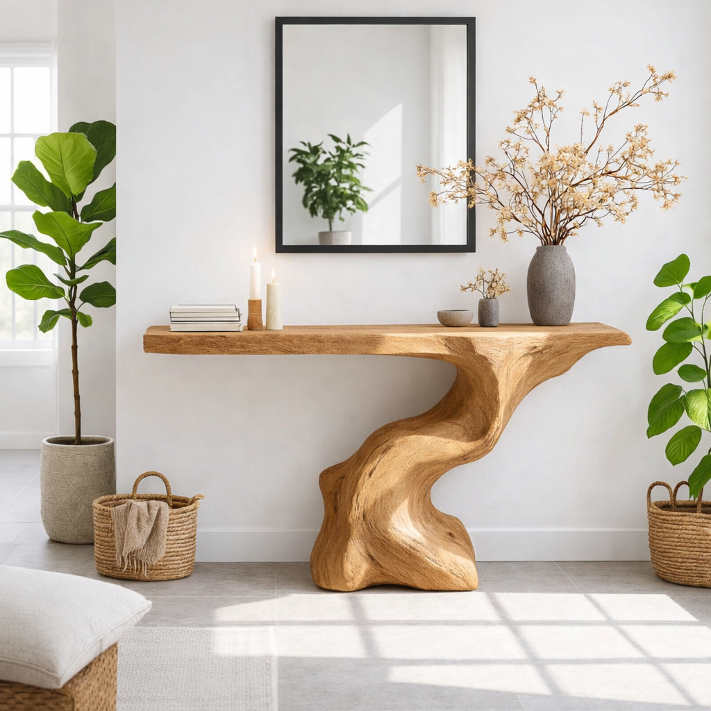 Sculptural Solid Wood Console Table, Organic Modern Entryway Statement