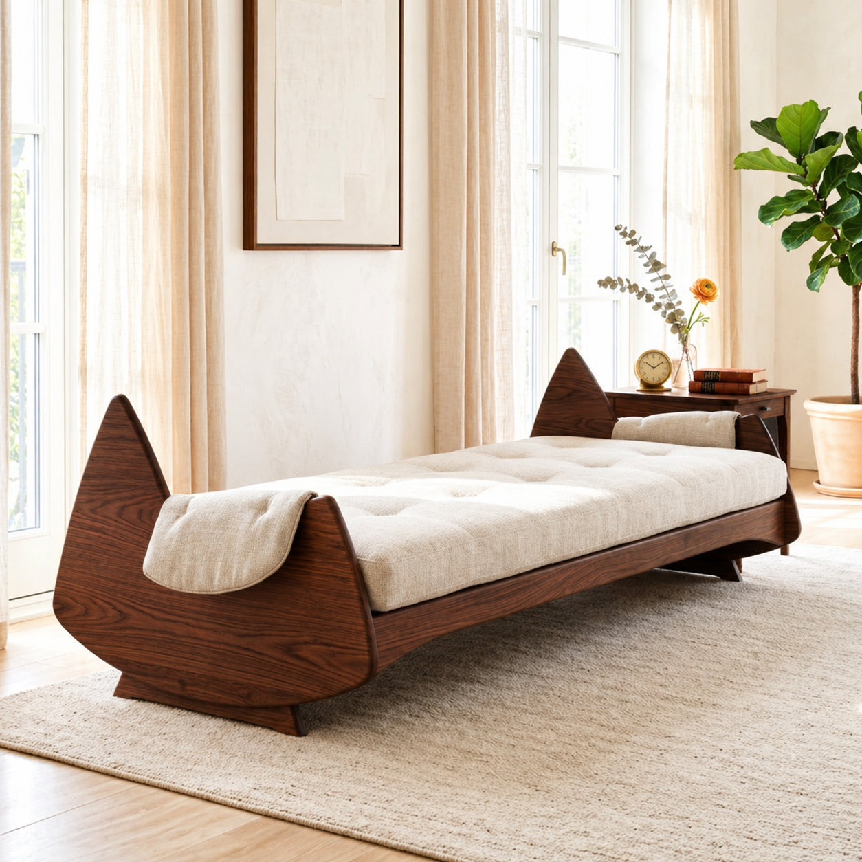 Sculptural Upholstered Daybed With Arched Ends, Cream Cushion, Bedroom Lounge Bench