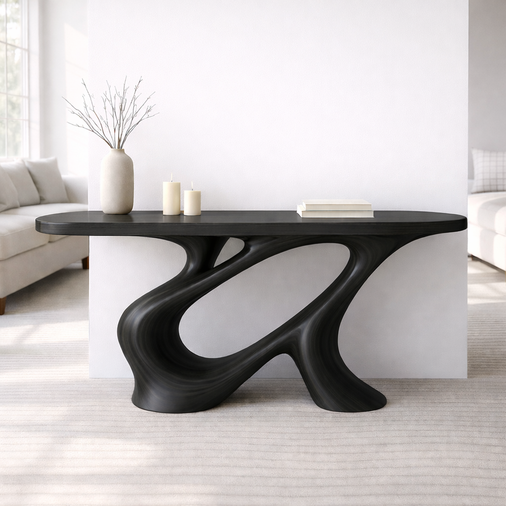 Modern Solid Wood Console Table, Sculptural Organic Base Walnut Entryway Hallway Statement Furniture