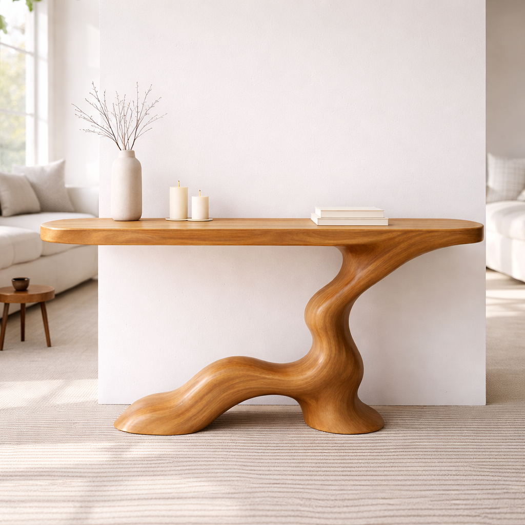 Modern Solid Wood Console Table, Sculptural Curved Base Entryway Hallway Walnut Statement Furniture