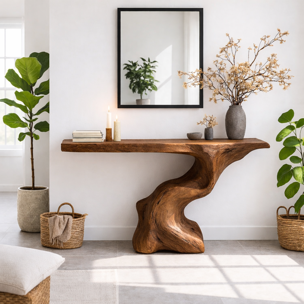 Sculptural Solid Wood Console Table, Organic Modern Entryway Statement