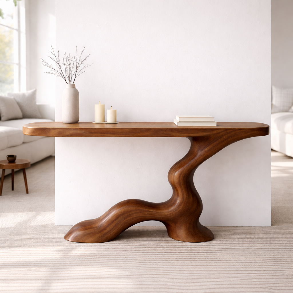 Modern Solid Wood Console Table, Sculptural Curved Base Entryway Hallway Walnut Statement Furniture
