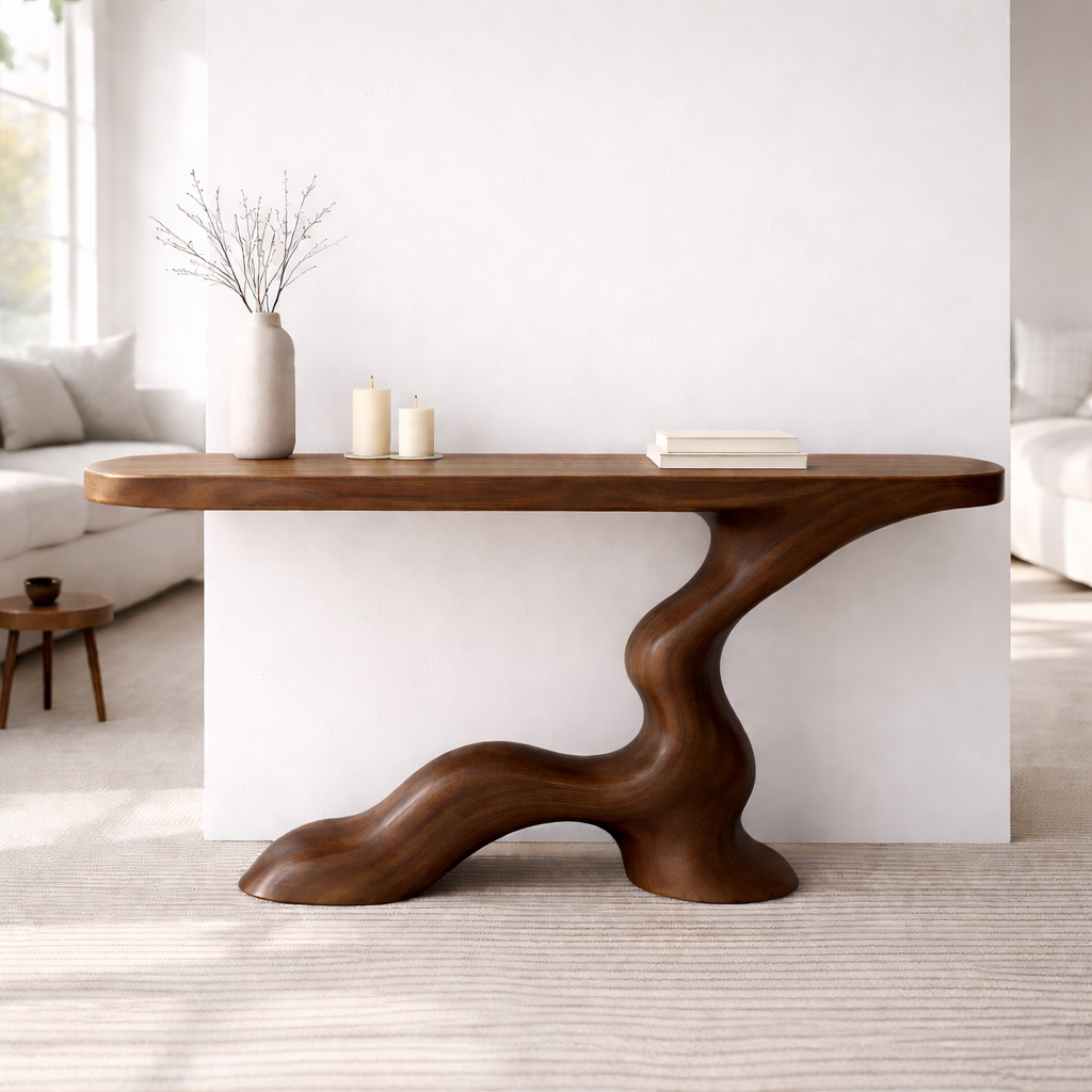 Modern Solid Wood Console Table, Sculptural Curved Base Entryway Hallway Walnut Statement Furniture