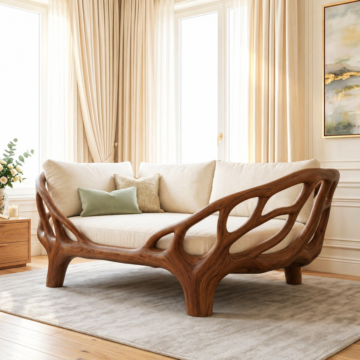Contemporary Sculptural Daybed Sofa With Open Frame, Cream Cushions, Luxury Lounge