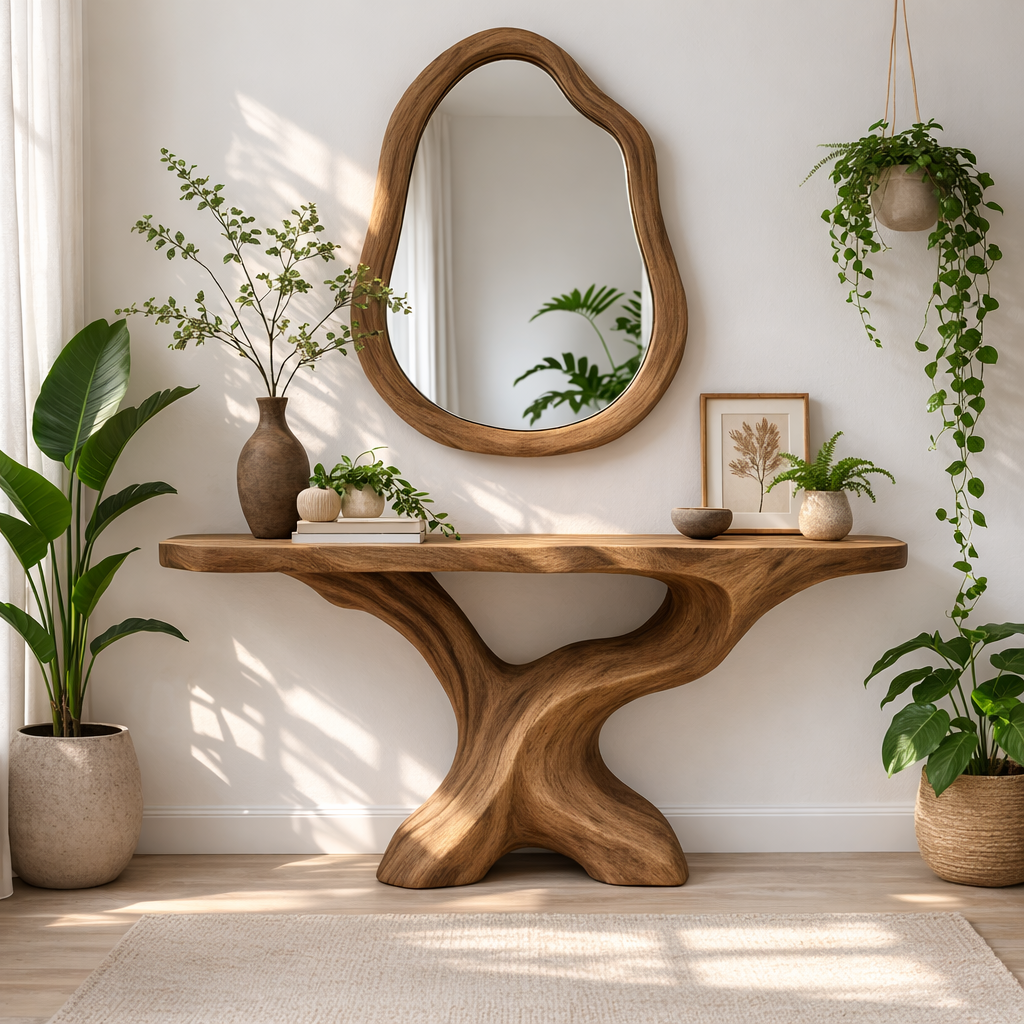 Sculptural Solid Wood Console Table, Organic Tree Base Entryway Table