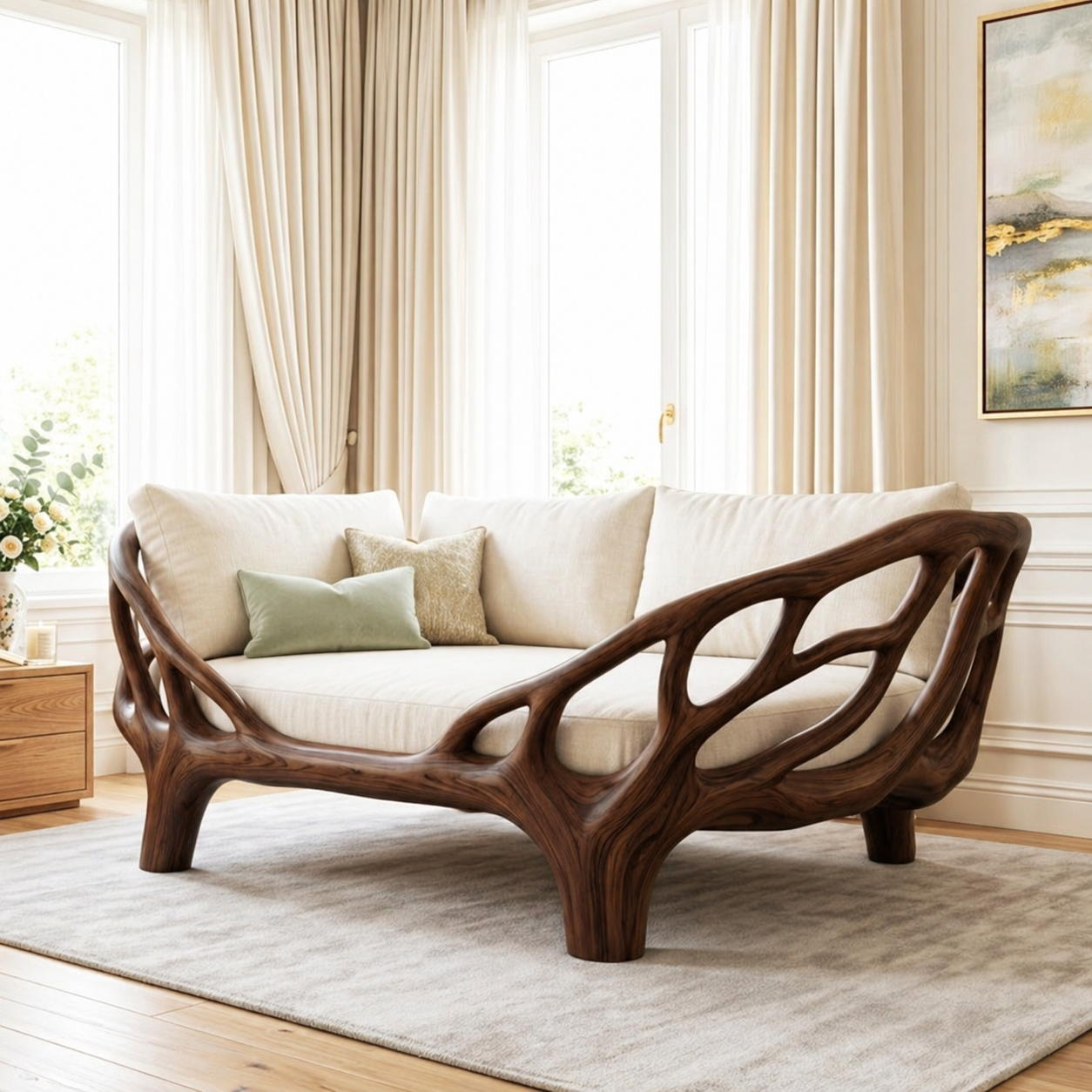Contemporary Sculptural Daybed Sofa With Open Frame, Cream Cushions, Luxury Lounge