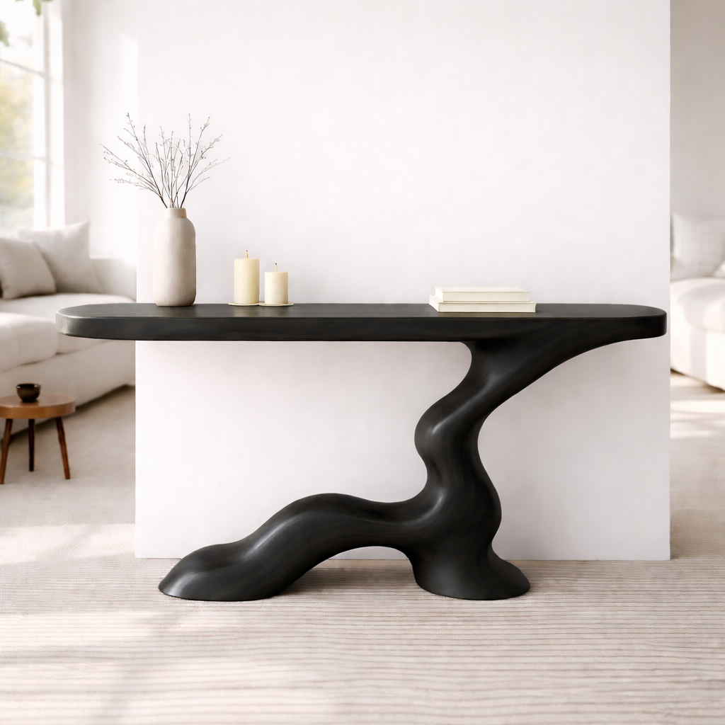 Modern Solid Wood Console Table, Sculptural Curved Base Entryway Hallway Walnut Statement Furniture