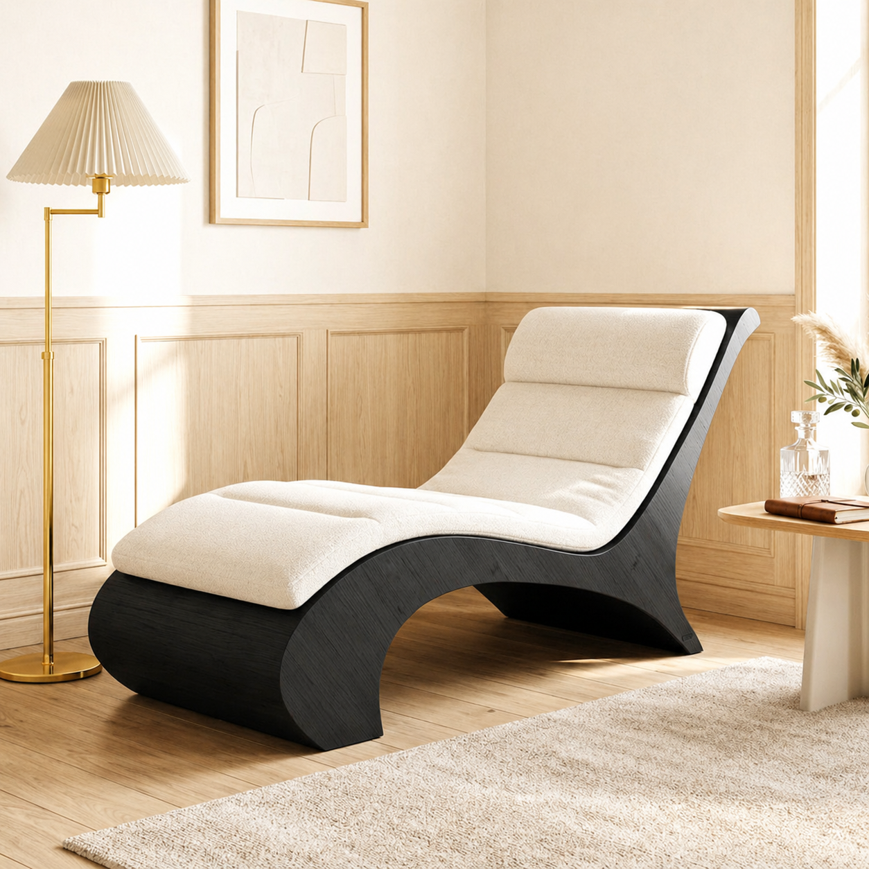 Sculptural Upholstered Chaise Lounge With Curved Frame, Cream Cushion, Reading Nook
