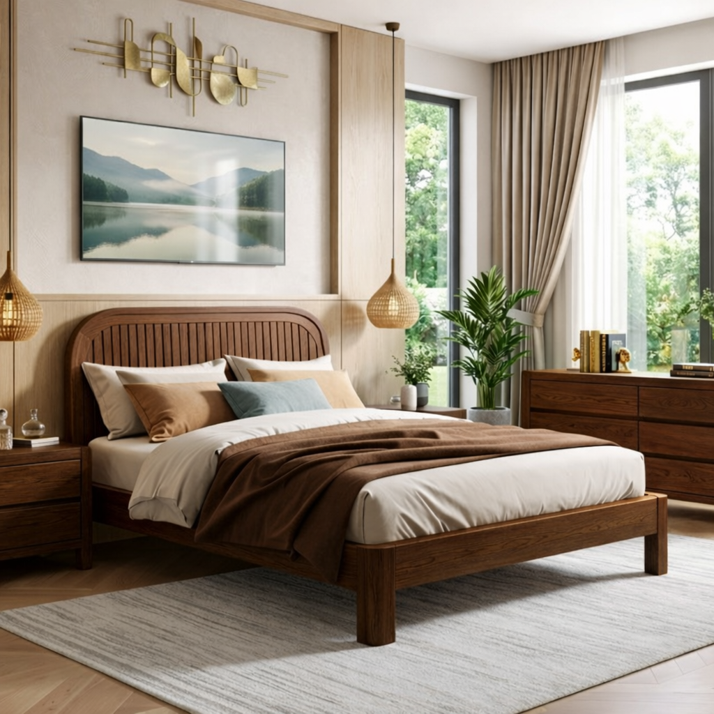 Modern Slatted Wood Bed Frame, Minimalist Platform Bedroom Furniture Design