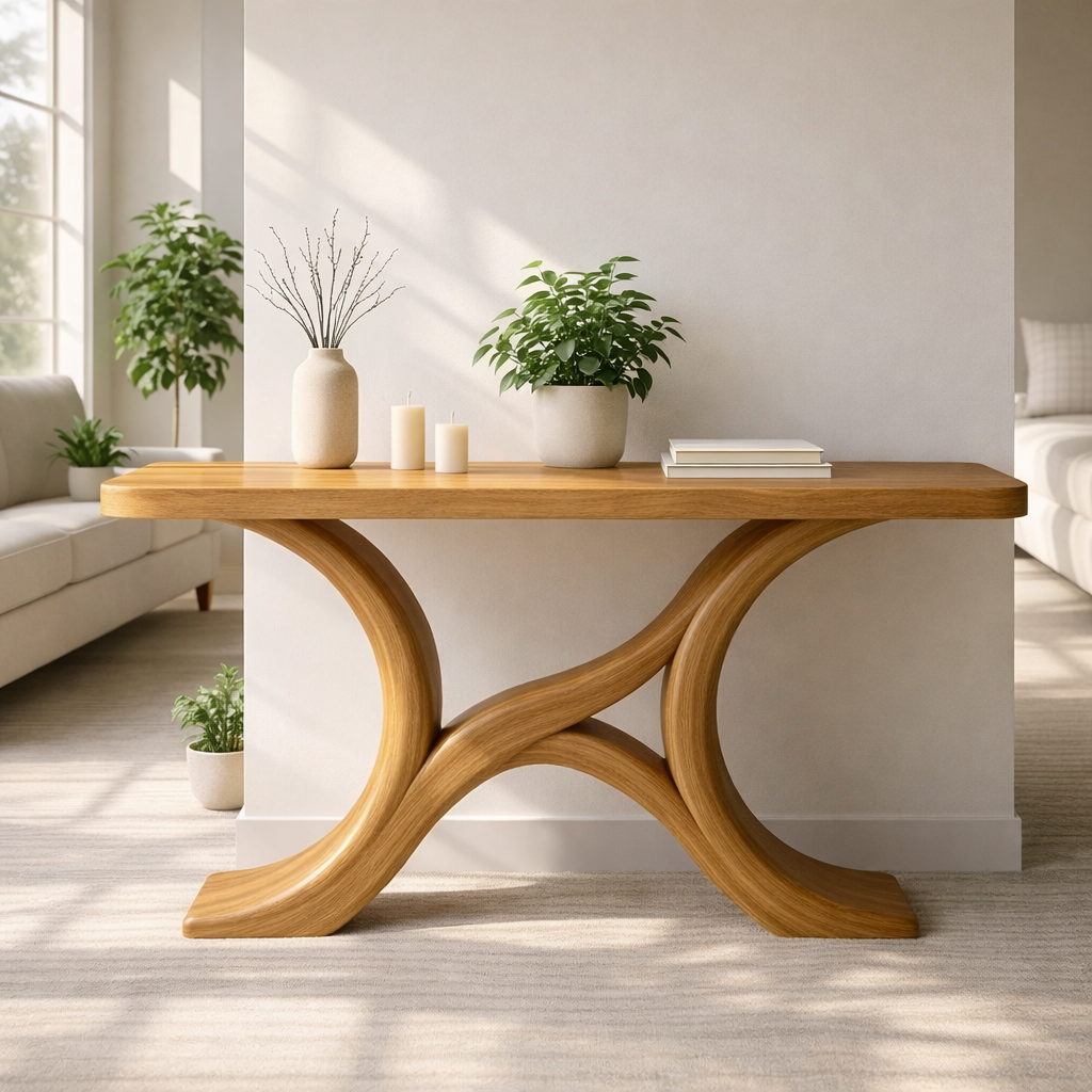 Modern Solid Wood Console Table, Sculptural Curved Base Entryway Hallway Statement Furniture