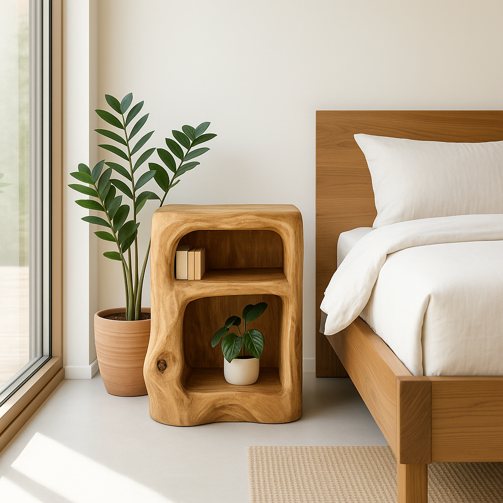 Solid Wood Nightstand with Open Shelves - Natural Live Edge Design