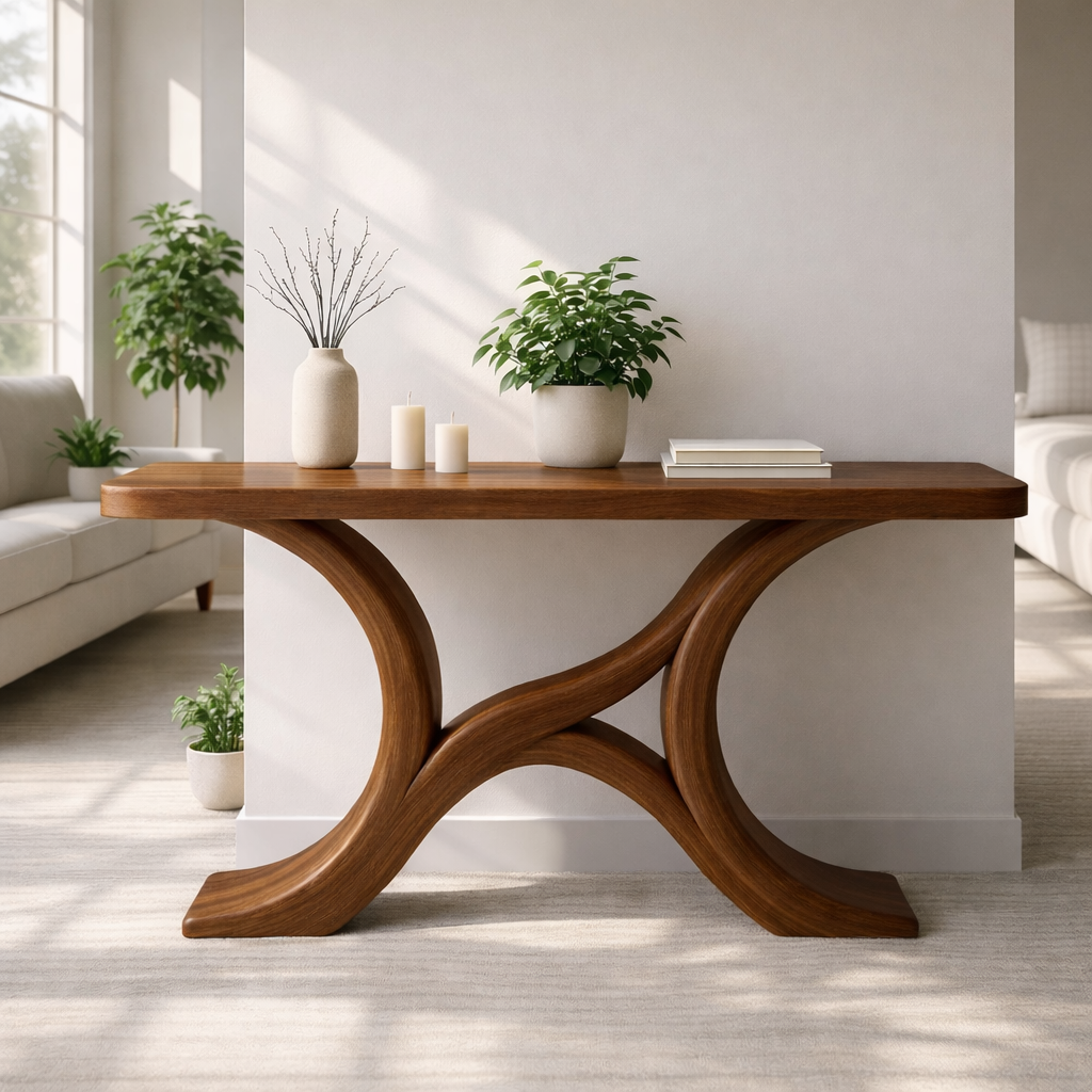 Modern Solid Wood Console Table, Sculptural Curved Base Entryway Hallway Statement Furniture