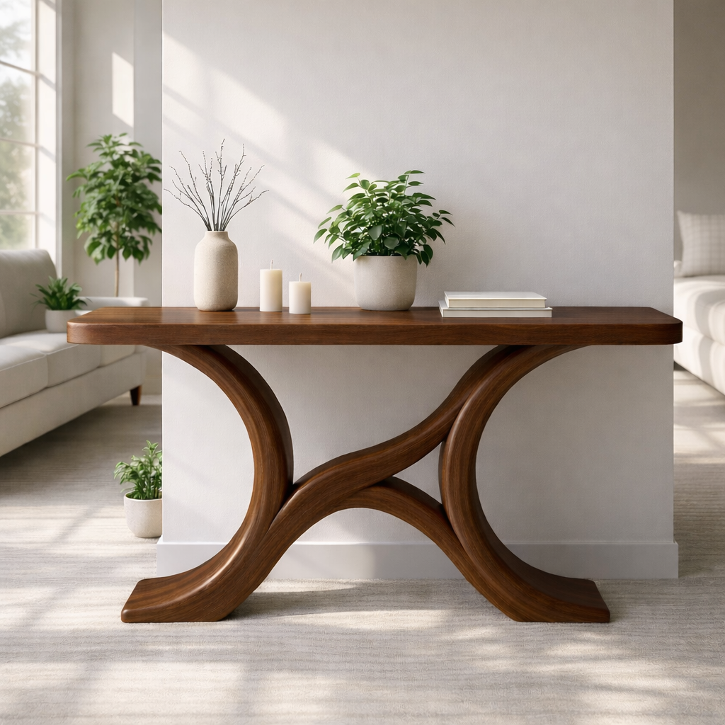 Modern Solid Wood Console Table, Sculptural Curved Base Entryway Hallway Statement Furniture