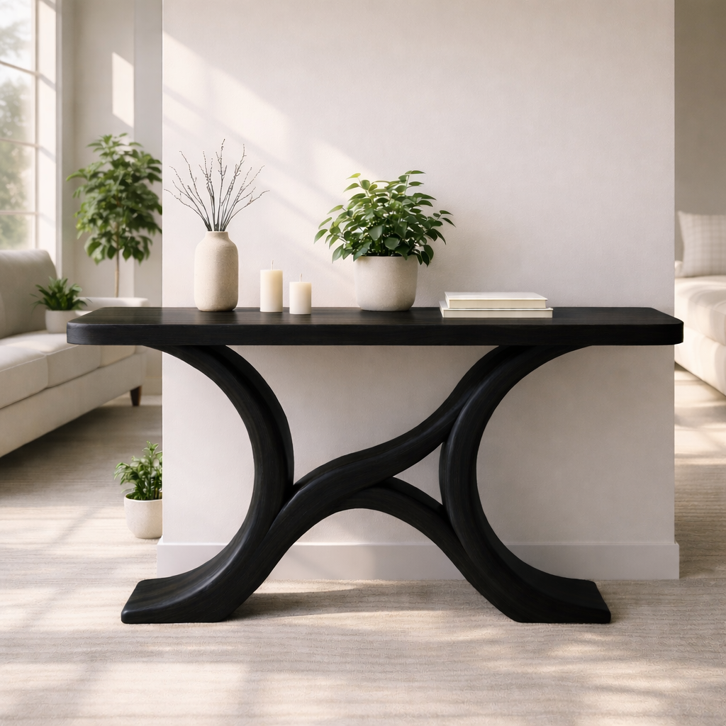 Modern Solid Wood Console Table, Sculptural Curved Base Entryway Hallway Statement Furniture