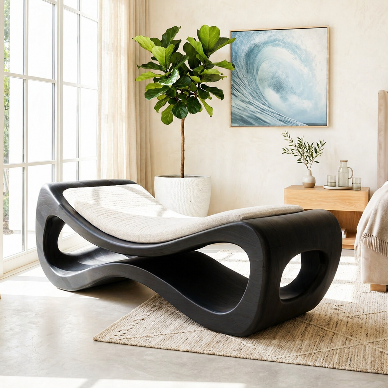 Sculptural Upholstered Daybed Organic Cutout Frame, Cream Cushion Lounger