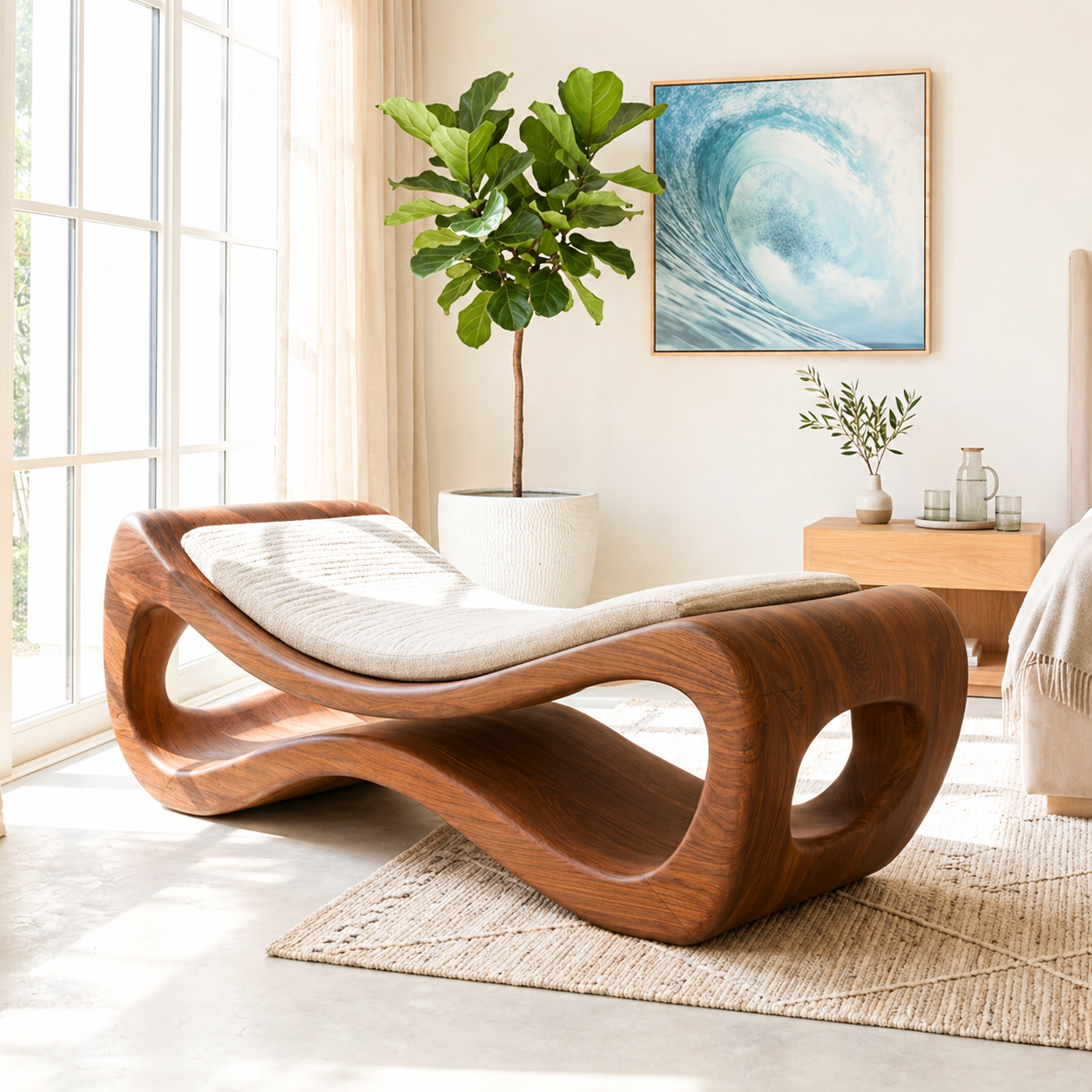 Sculptural Upholstered Daybed Organic Cutout Frame, Cream Cushion Lounger