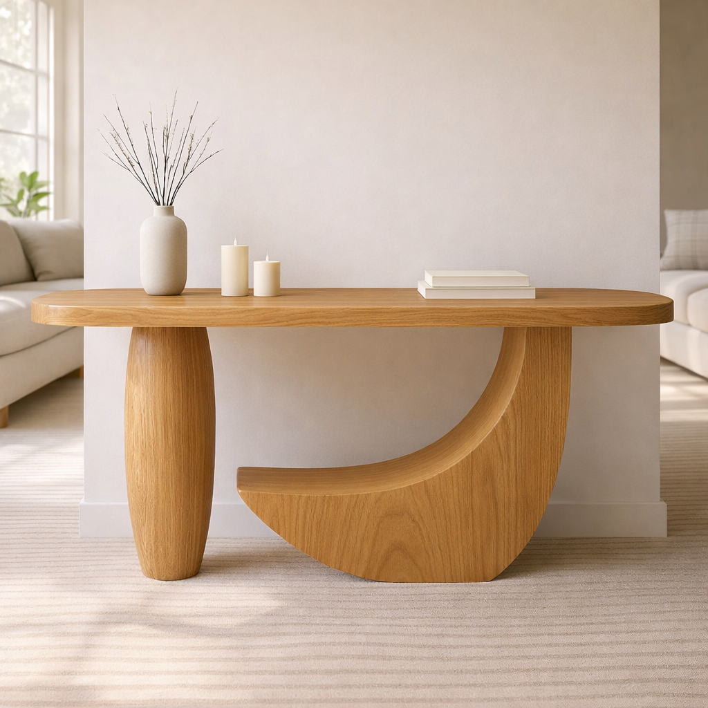 Modern Solid Wood Console Table, Sculptural Curved Base Entryway Hallway Statement Furniture