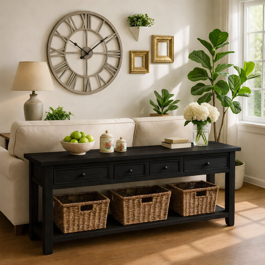 Solid Wood Console Table with Drawers and Storage Shelf for Living Room or Entryway
