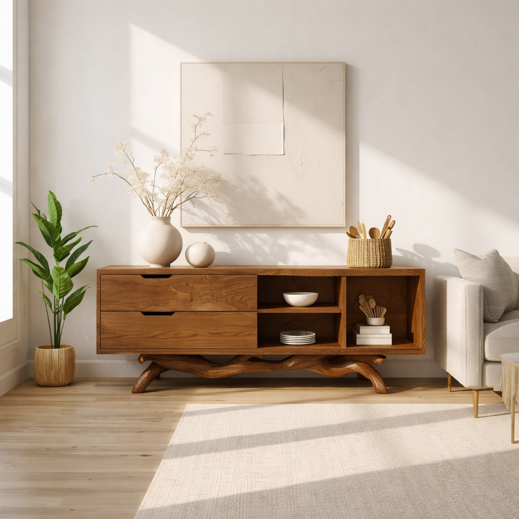 Modern Solid Wood Sideboard with Sculptural Base, Mid Century Storage Cabinet