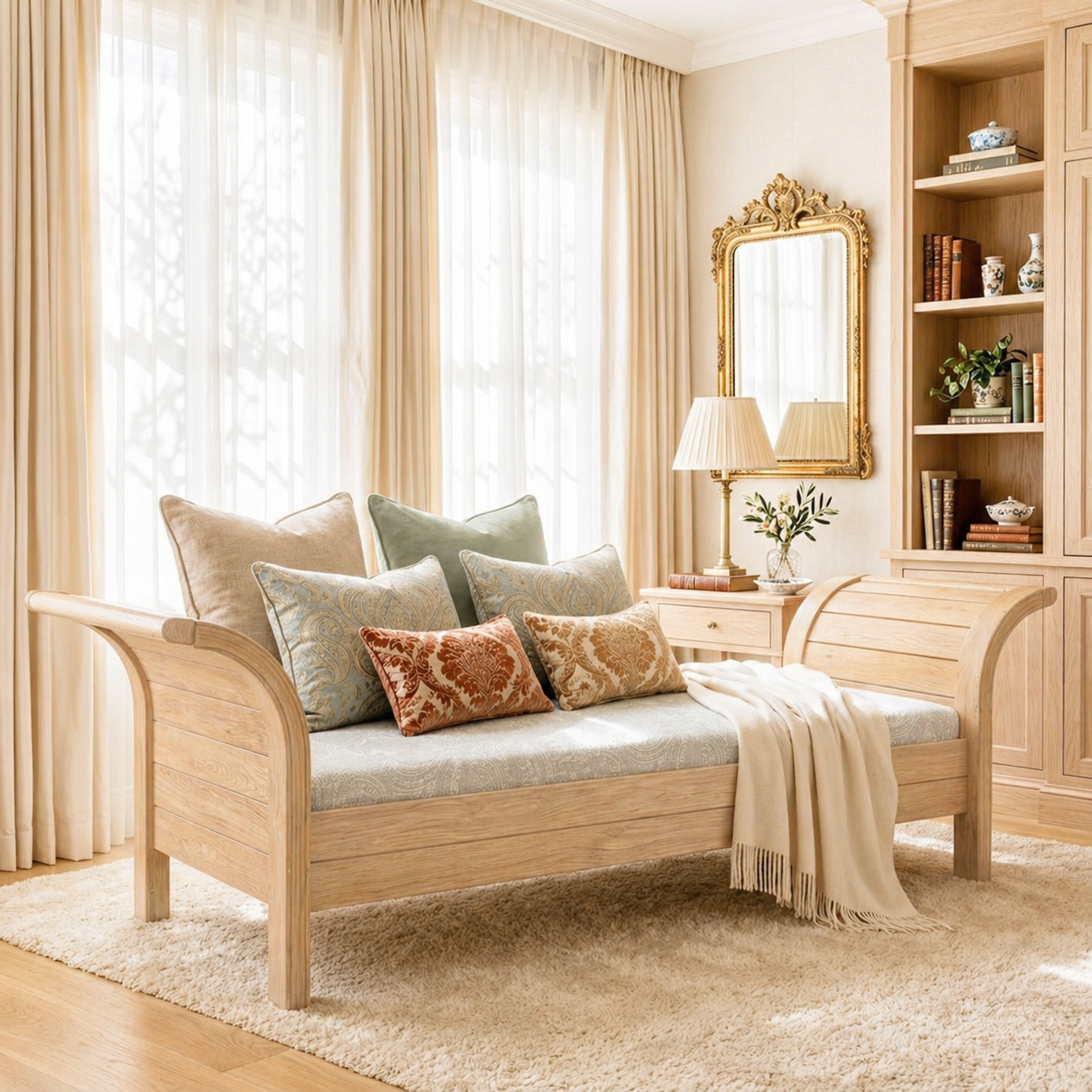 Classic Wooden Daybed Sofa with Pillows for Bedroom Lounge Decor