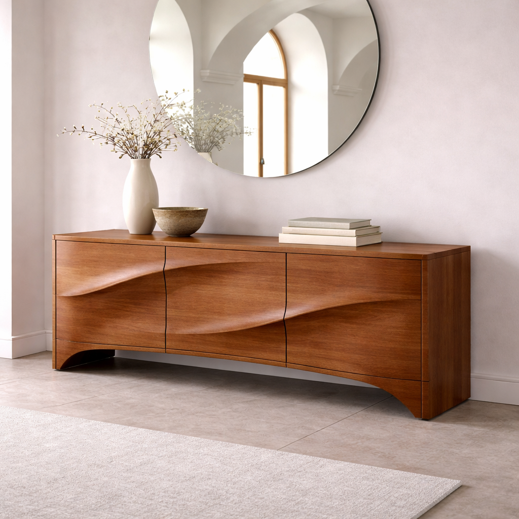 Solid Wood Console Table with Curved Design – Modern Entryway Storage Sideboard