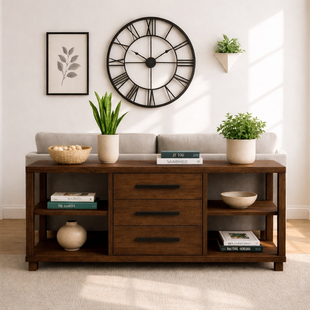 Solid Wood Console Table with Drawers and Shelves, Modern Walnut Entryway Sofa Table Storage Cabinet
