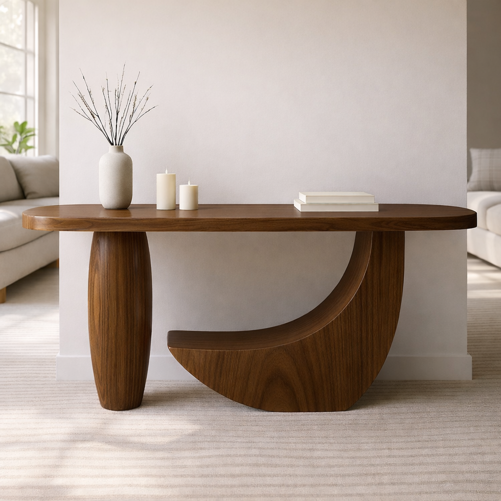 Modern Solid Wood Console Table, Sculptural Curved Base Entryway Hallway Statement Furniture