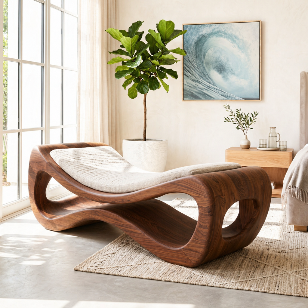 Sculptural Upholstered Daybed Organic Cutout Frame, Cream Cushion Lounger