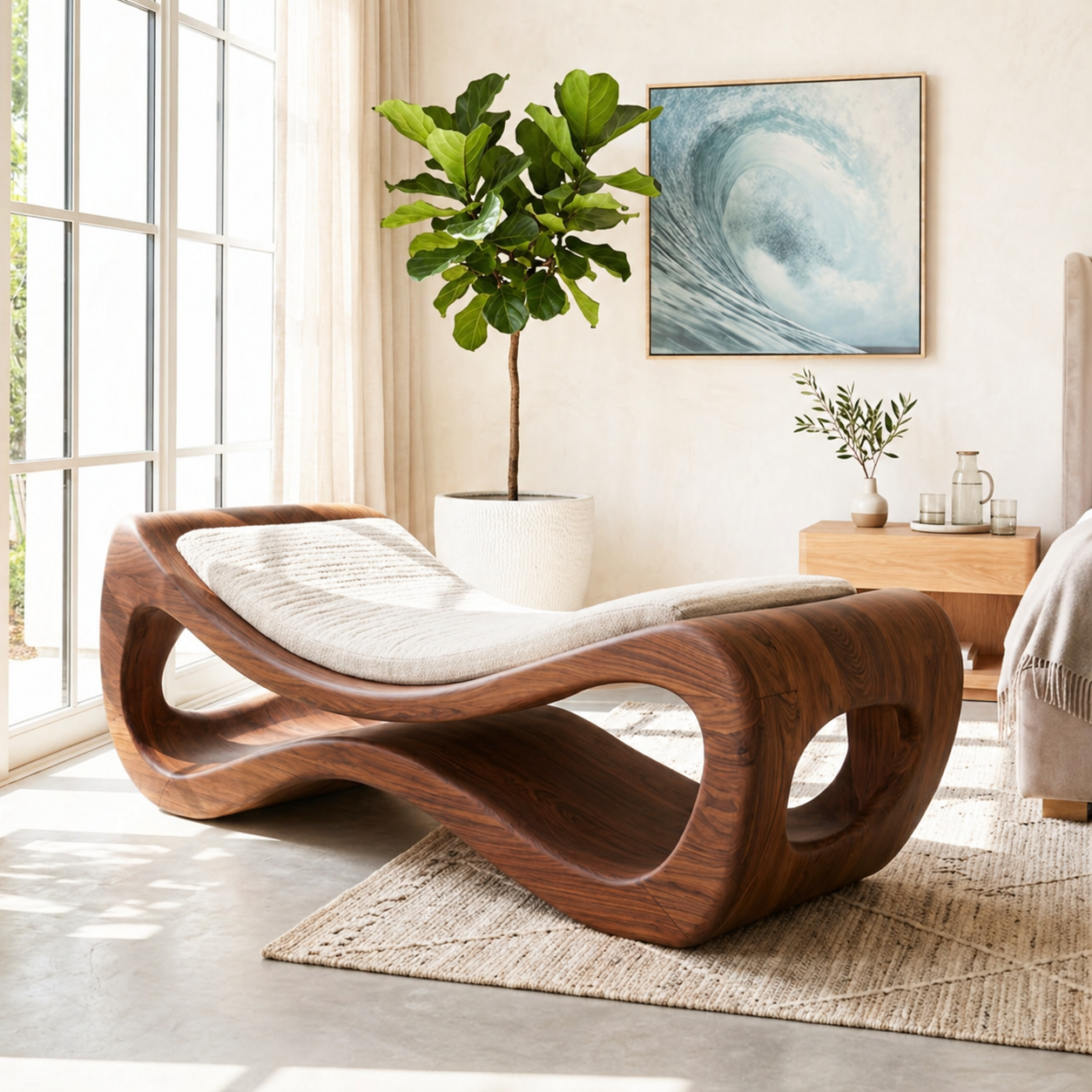 Sculptural Upholstered Daybed Organic Cutout Frame, Cream Cushion Lounger