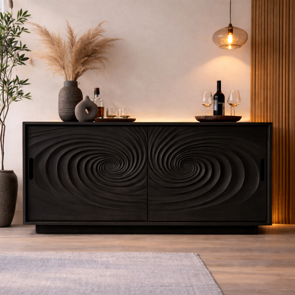 Solid Walnut Console Table with Carved Spiral Doors – Modern Wooden Sideboard