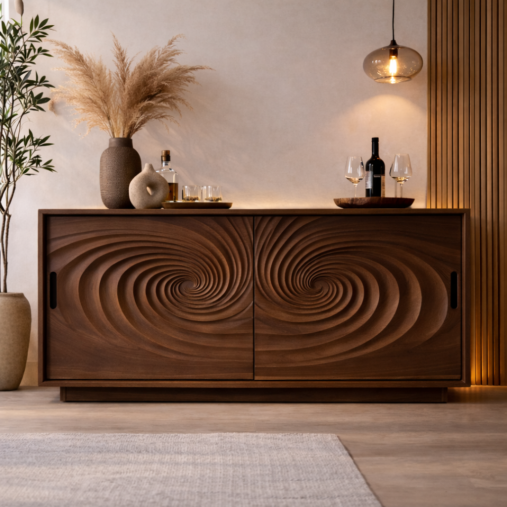 Solid Walnut Console Table with Carved Spiral Doors – Modern Wooden Sideboard