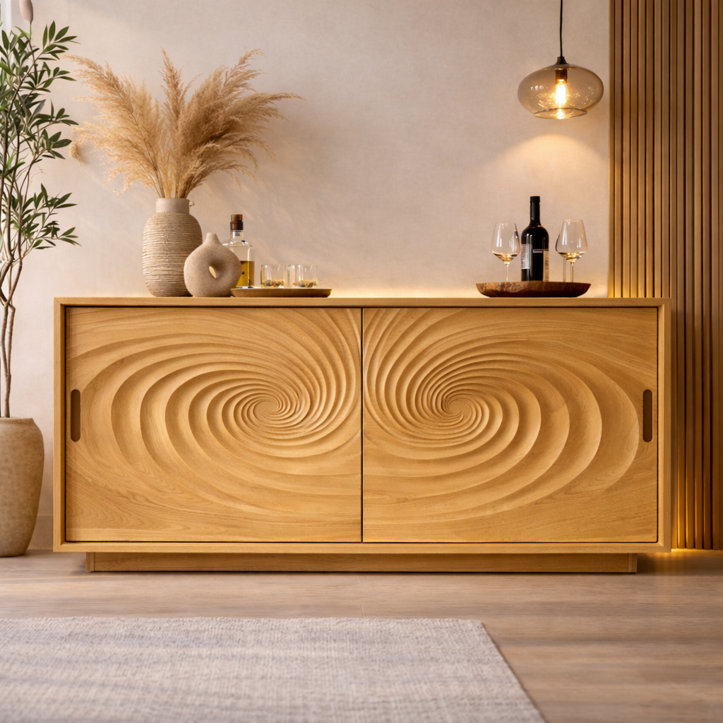 Solid Walnut Console Table with Carved Spiral Doors – Modern Wooden Sideboard