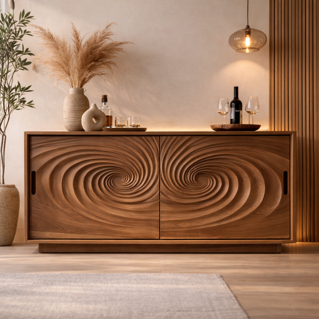 Solid Walnut Console Table with Carved Spiral Doors – Modern Wooden Sideboard