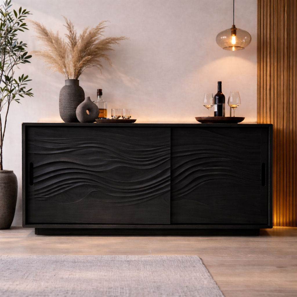 Solid Wood Console Table with Carved Wave Doors – Modern Walnut Sideboard Cabinet