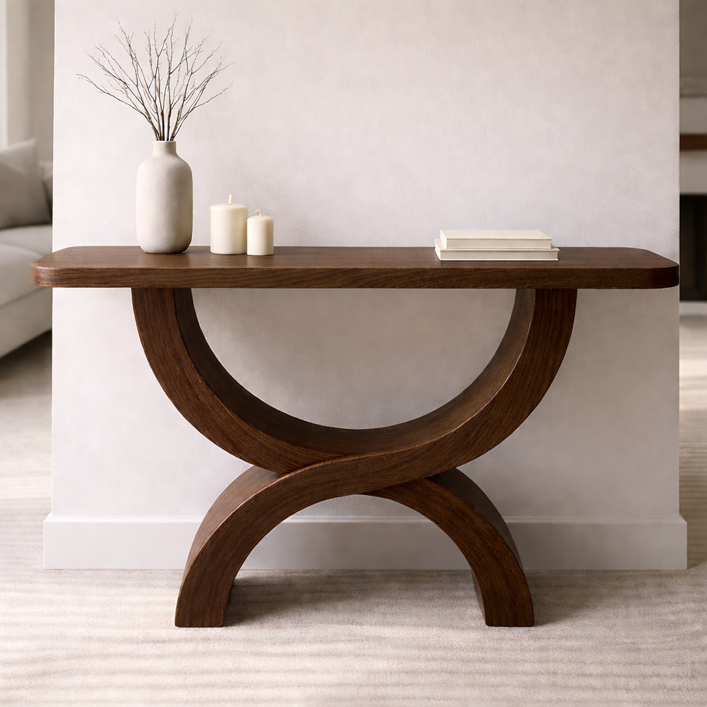 Modern Solid Wood Console Table, Sculptural Arch Base Entryway Hallway Statement Furniture