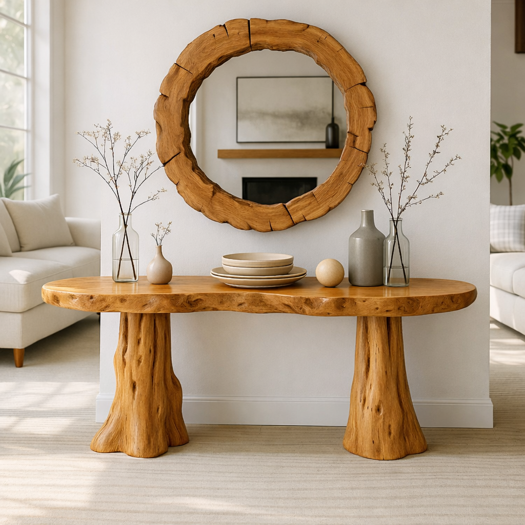 Rustic Solid Wood Console Table, Natural Tree Trunk Base Entryway Hallway Furniture