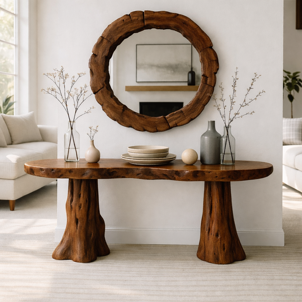 Rustic Solid Wood Console Table, Natural Tree Trunk Base Entryway Hallway Furniture